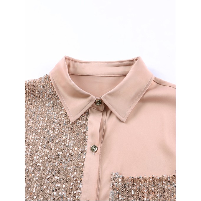 Khaki Sequin Splicing Pocket Buttoned Shirt Dress