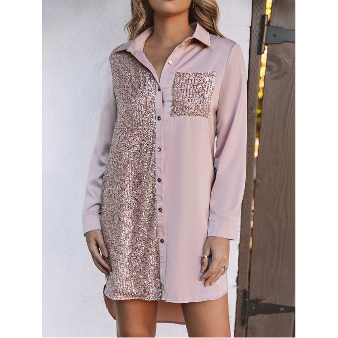 Khaki Sequin Splicing Pocket Buttoned Shirt Dress