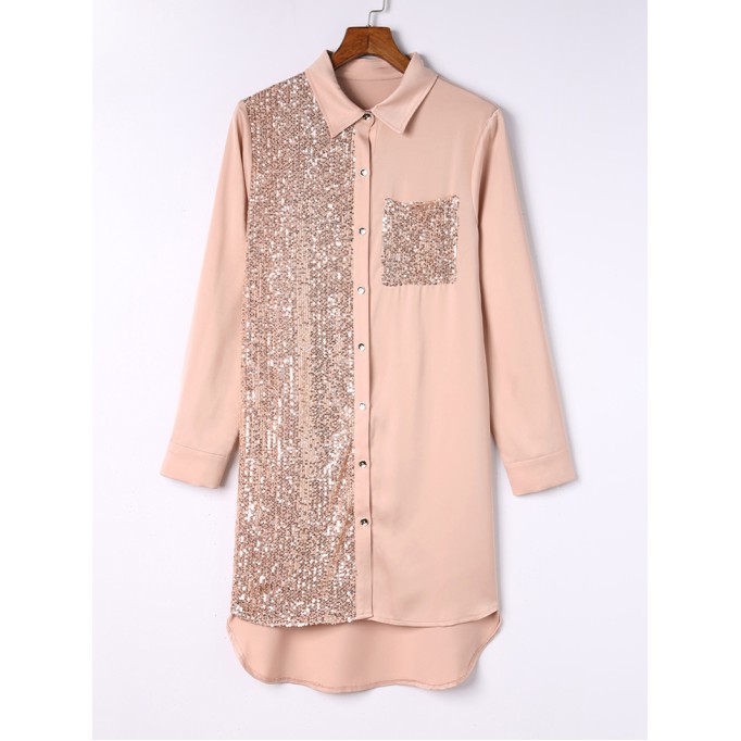 Khaki Sequin Splicing Pocket Buttoned Shirt Dress