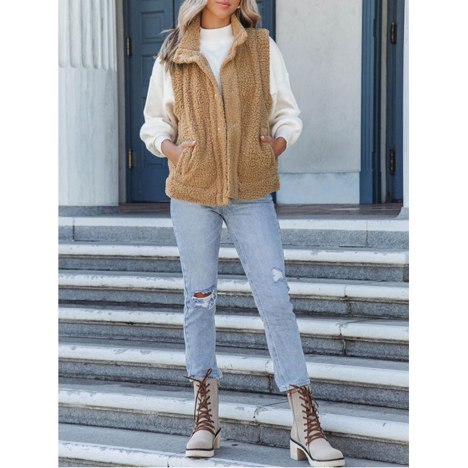 Khaki Snap Button Pocketed Sherpa Vest Jacket
