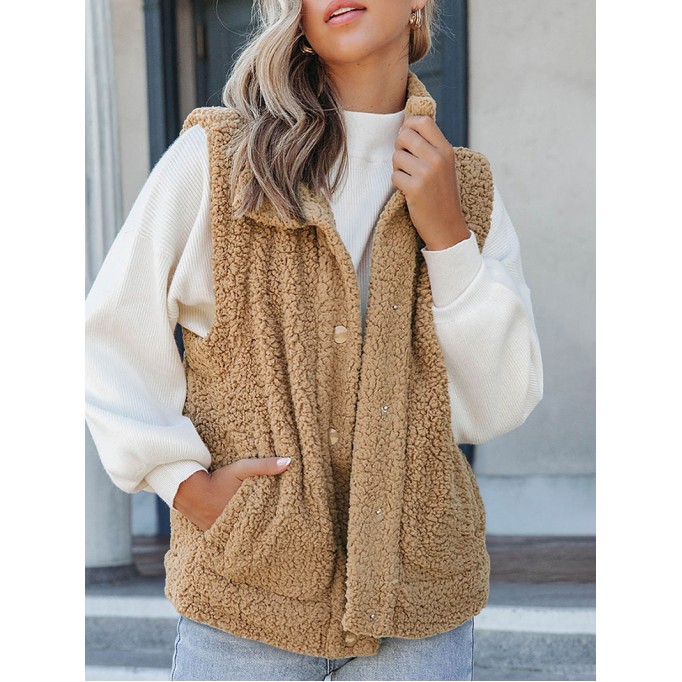 Khaki Snap Button Pocketed Sherpa Vest Jacket