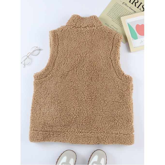 Khaki Snap Button Pocketed Sherpa Vest Jacket