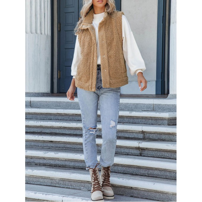 Khaki Snap Button Pocketed Sherpa Vest Jacket