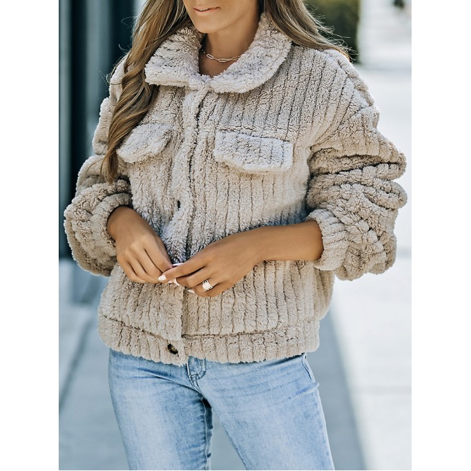 Khaki Solid Color Plush Fleece Button up Jacket