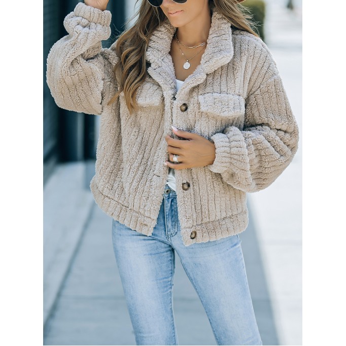Khaki Solid Color Plush Fleece Button up Jacket