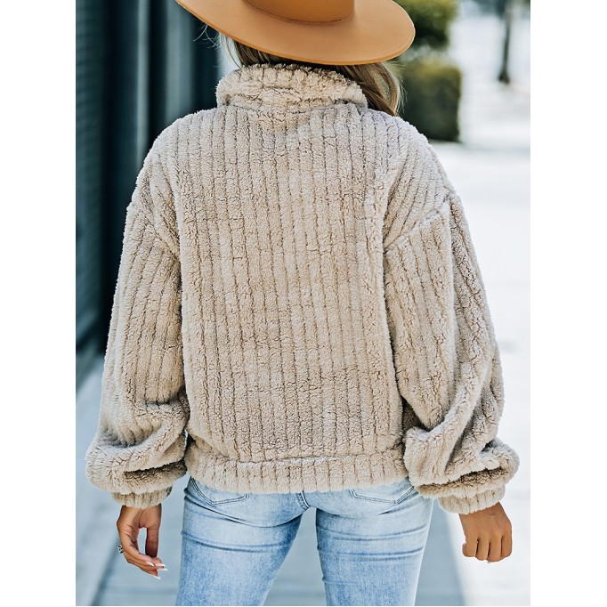Khaki Solid Color Plush Fleece Button up Jacket