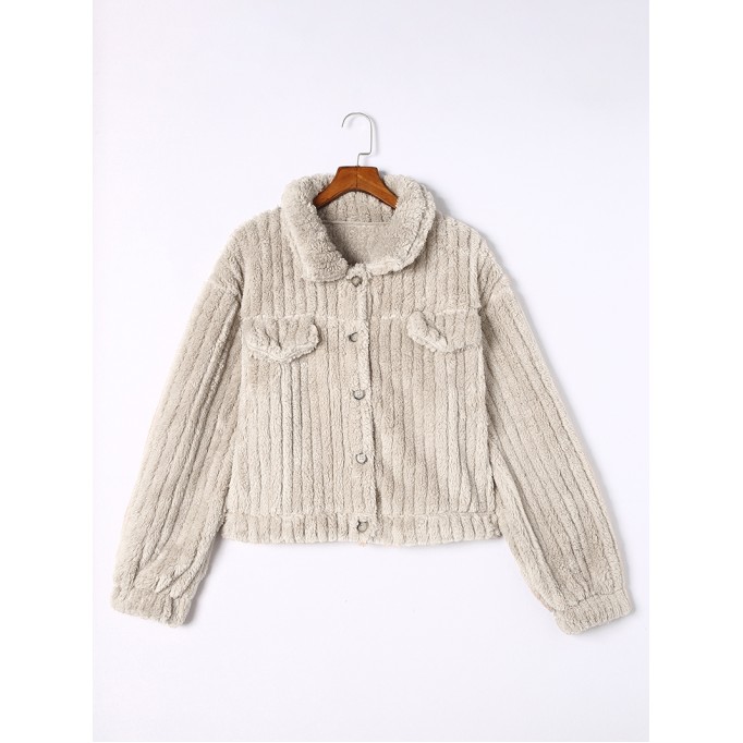 Khaki Solid Color Plush Fleece Button up Jacket