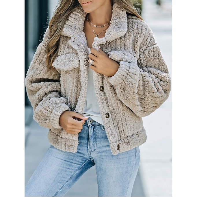 Khaki Solid Color Plush Fleece Button up Jacket