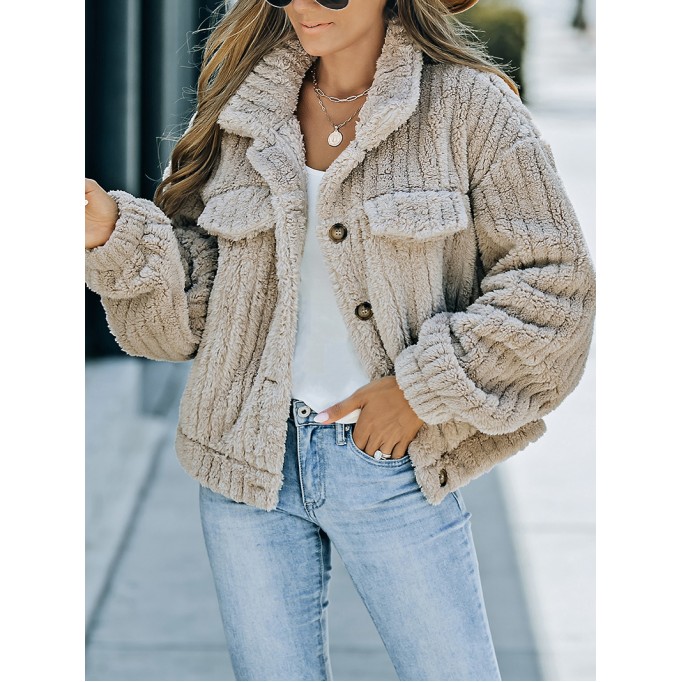 Khaki Solid Color Plush Fleece Button up Jacket