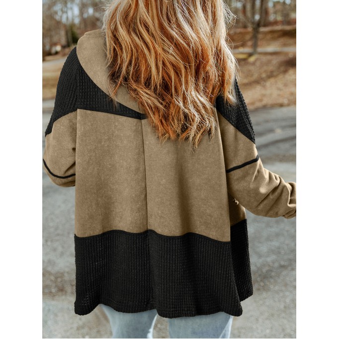 Khaki Waffle Patchwork Vintage Washed Hooded Jacket