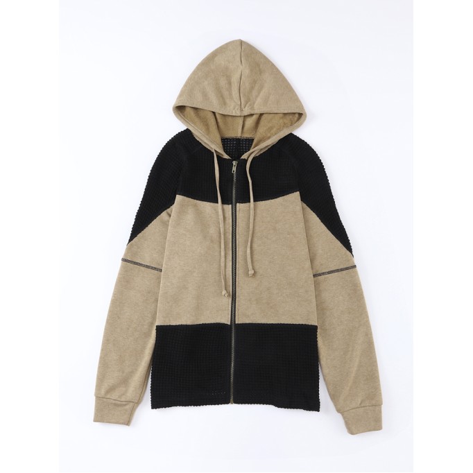 Khaki Waffle Patchwork Vintage Washed Hooded Jacket