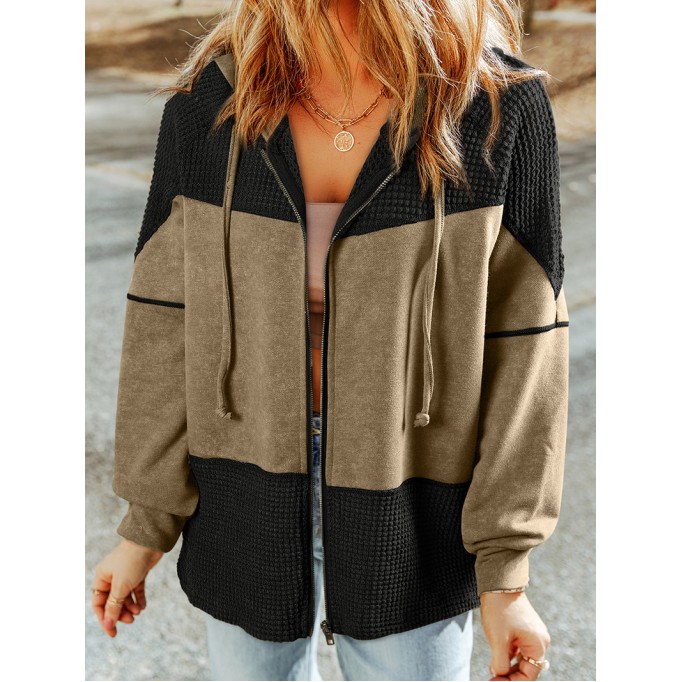 Khaki Waffle Patchwork Vintage Washed Hooded Jacket