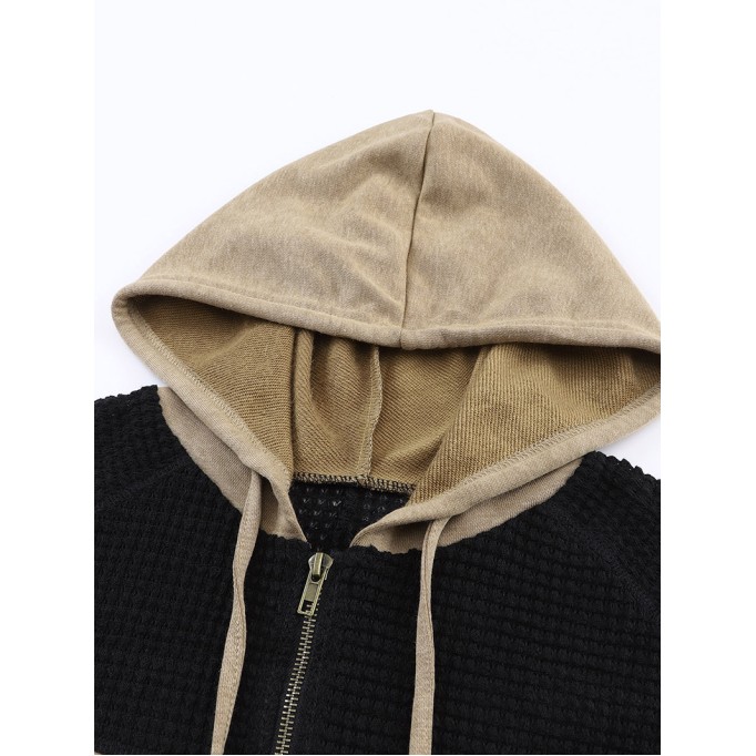 Khaki Waffle Patchwork Vintage Washed Hooded Jacket