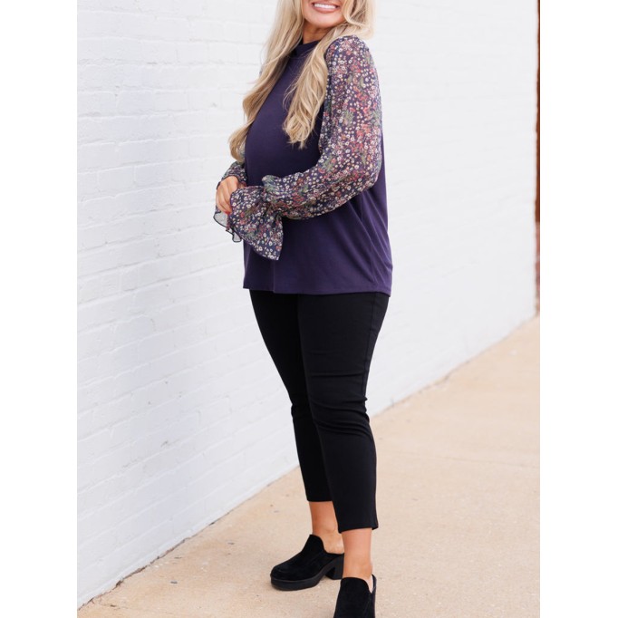 Knitted patchwork floral fabric bud sleeve sweater