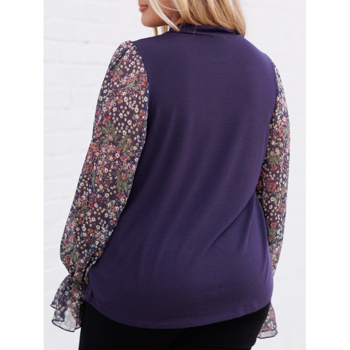 Knitted patchwork floral fabric bud sleeve sweater
