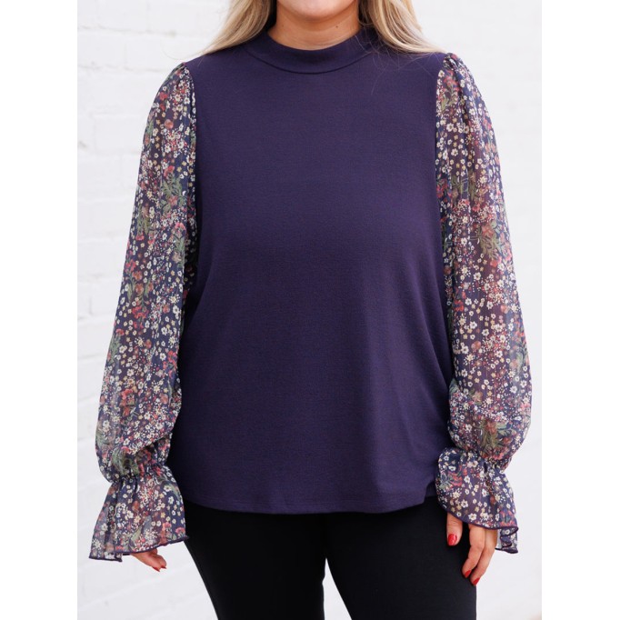Knitted patchwork floral fabric bud sleeve sweater