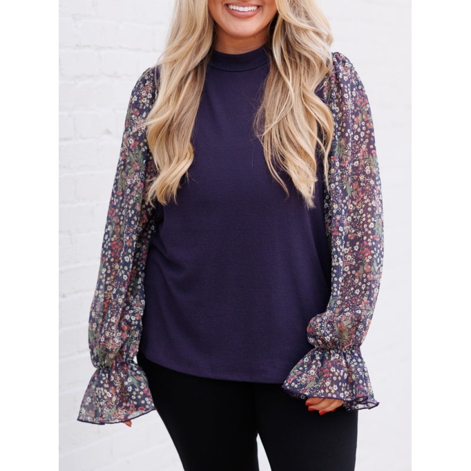 Knitted patchwork floral fabric bud sleeve sweater