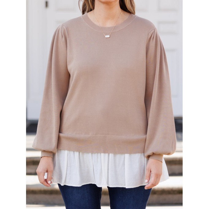 Knitted splicing white fabric lantern sleeve sweater