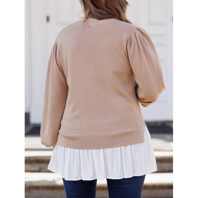 Knitted splicing white fabric lantern sleeve sweater