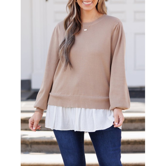 Knitted splicing white fabric lantern sleeve sweater