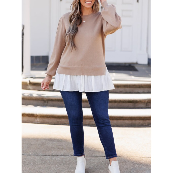 Knitted splicing white fabric lantern sleeve sweater