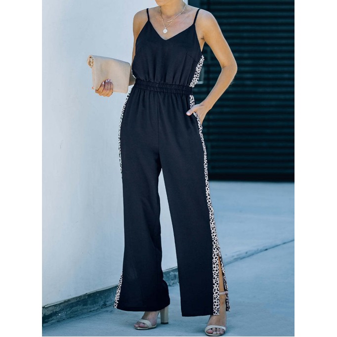 Lace up leopard pattern patchwork split casual jumpsuit