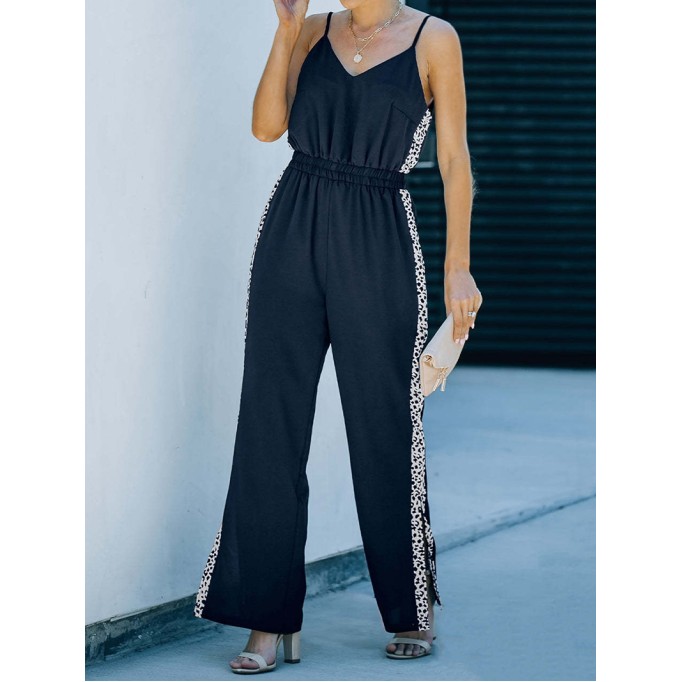 Lace up leopard pattern patchwork split casual jumpsuit