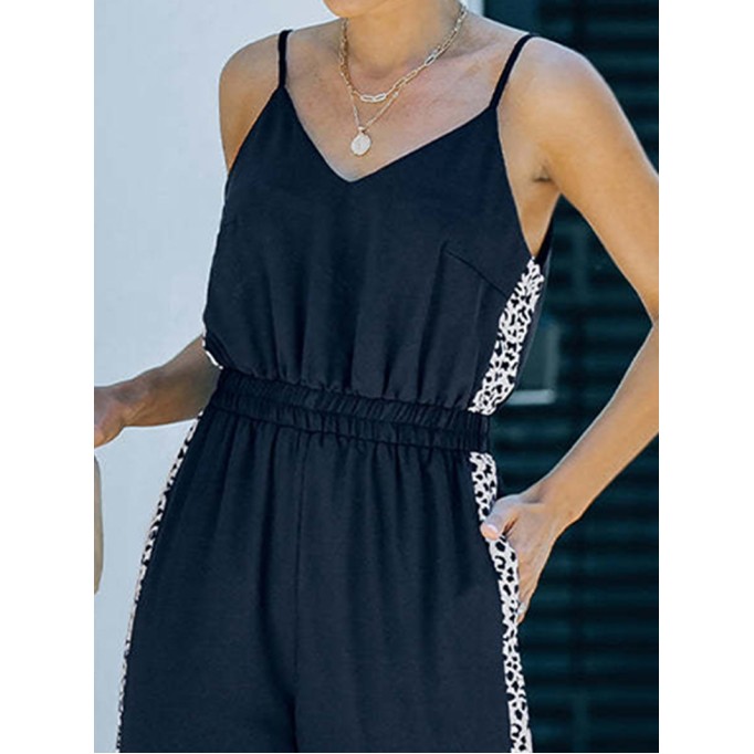 Lace up leopard pattern patchwork split casual jumpsuit