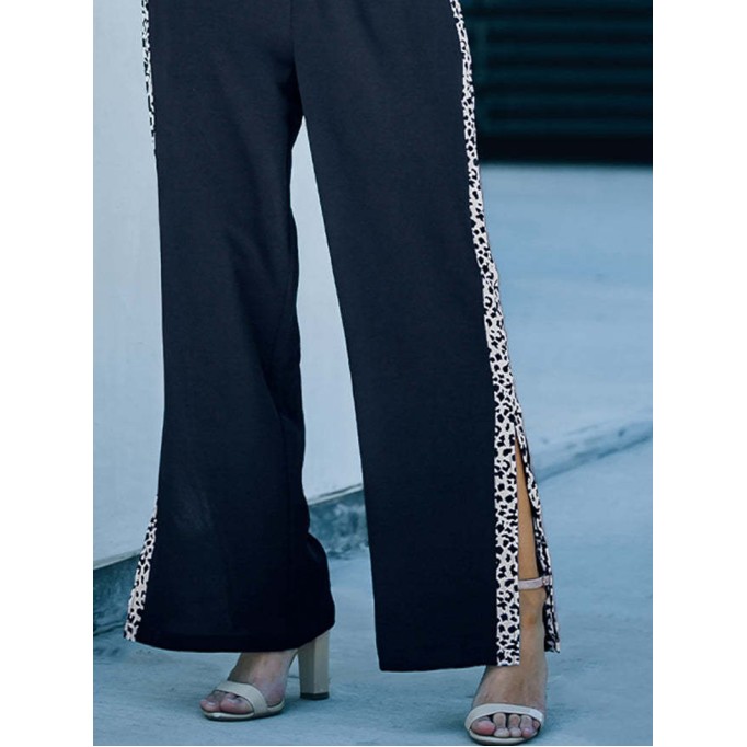 Lace up leopard pattern patchwork split casual jumpsuit