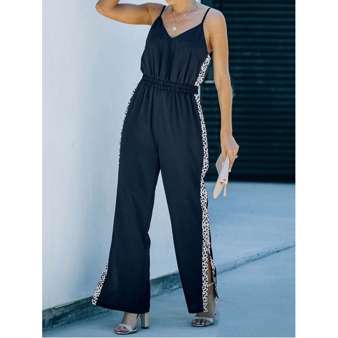 Lace up leopard pattern patchwork split casual jumpsuit