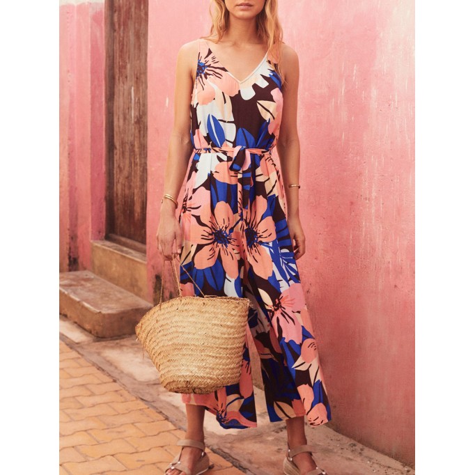 Ladies vacation geometric print loose wide-leg jumpsuits