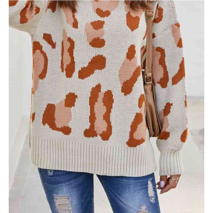 Leopard Mock Neck Dropped Shoulder Sweater