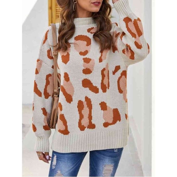 Leopard Mock Neck Dropped Shoulder Sweater