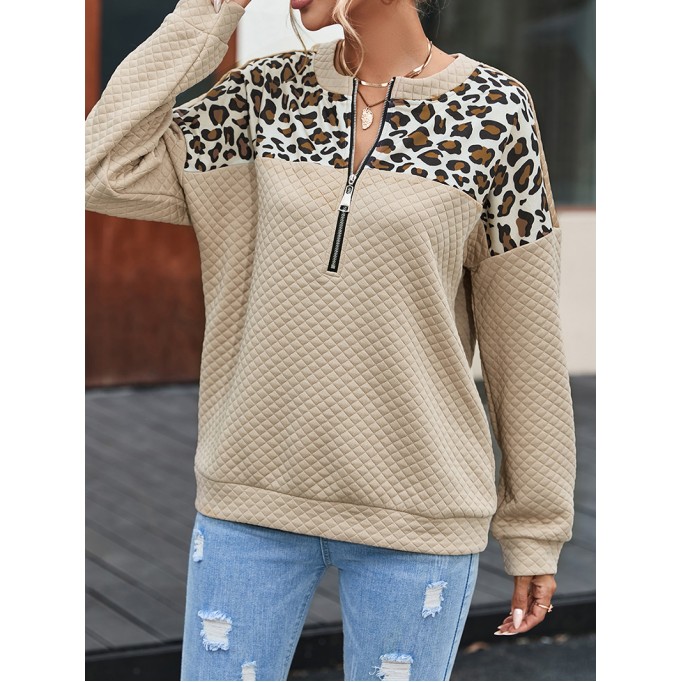 Leopard Splicing Drop Shoulder Zipped Sweatshirt