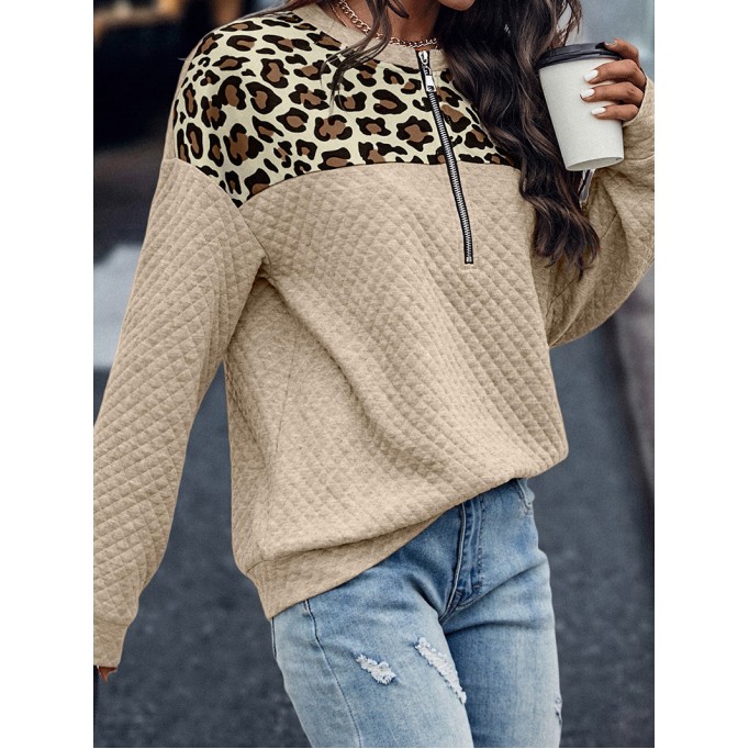 Leopard Splicing Drop Shoulder Zipped Sweatshirt