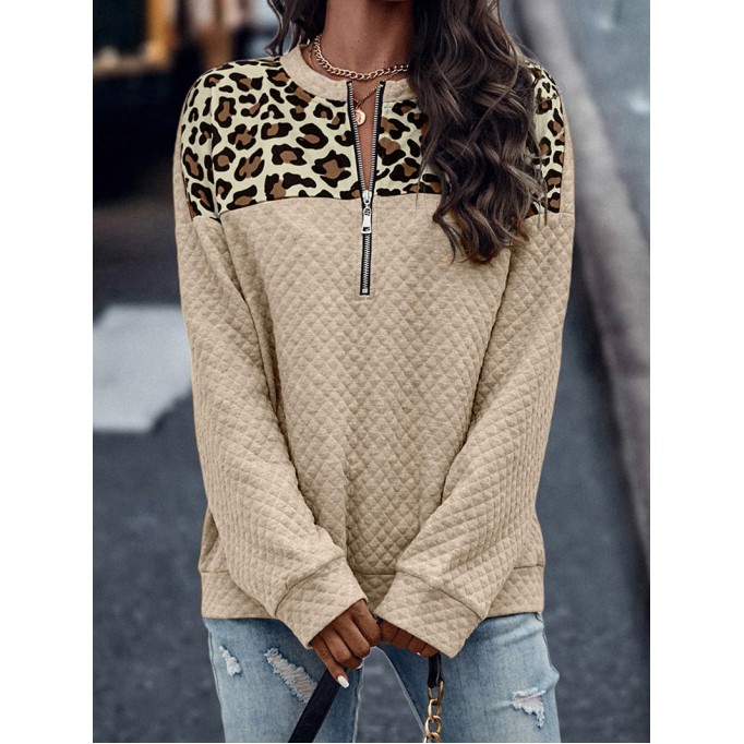 Leopard Splicing Drop Shoulder Zipped Sweatshirt