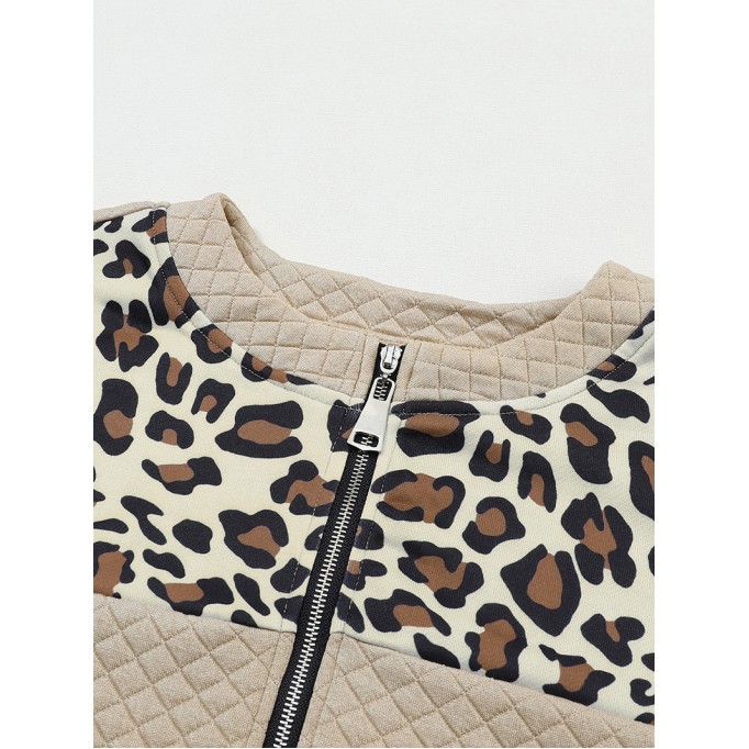 Leopard Splicing Drop Shoulder Zipped Sweatshirt