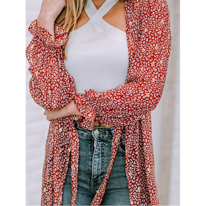 Leopard Tie Waist Flounce Sleeve Cover Up