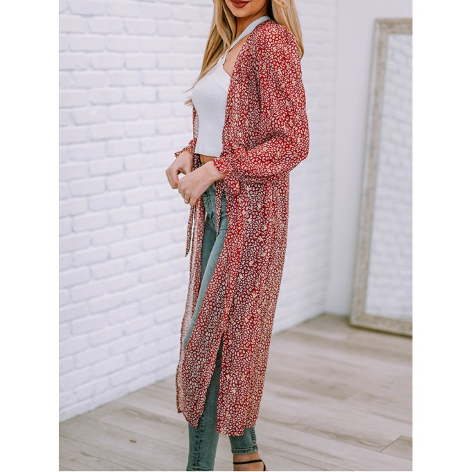Leopard Tie Waist Flounce Sleeve Cover Up