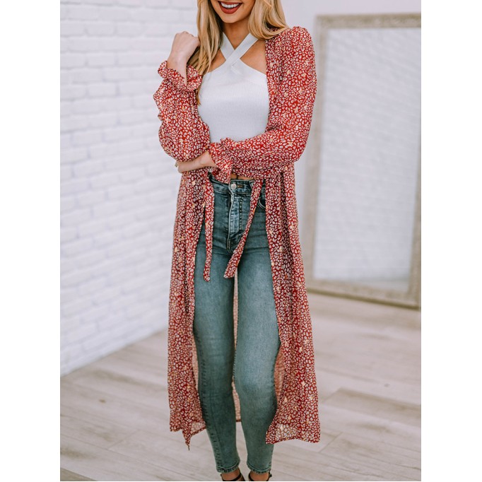 Leopard Tie Waist Flounce Sleeve Cover Up
