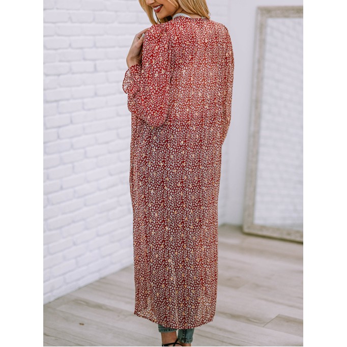 Leopard Tie Waist Flounce Sleeve Cover Up