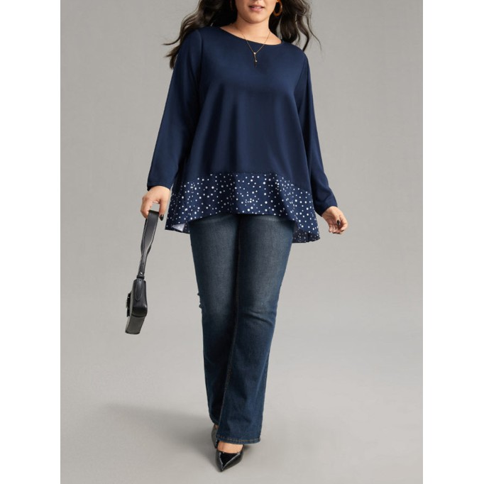 Long sleeve loose polka dot stitching top T-shirt