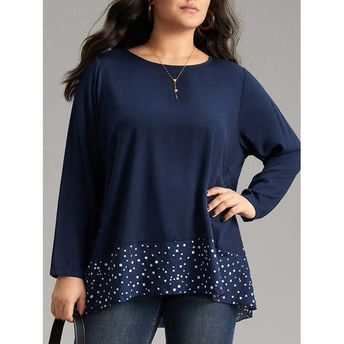 Long sleeve loose polka dot stitching top T-shirt