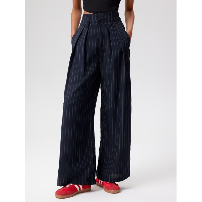 Mid Waist Striped Pleated Button Trousers