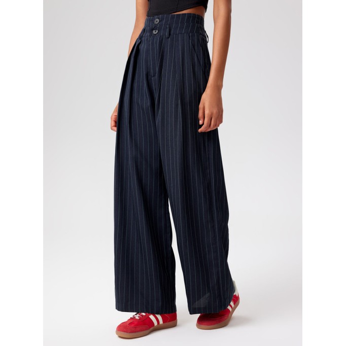 Mid Waist Striped Pleated Button Trousers