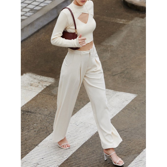 Milk Tea Pleated Wide Leg Trousers