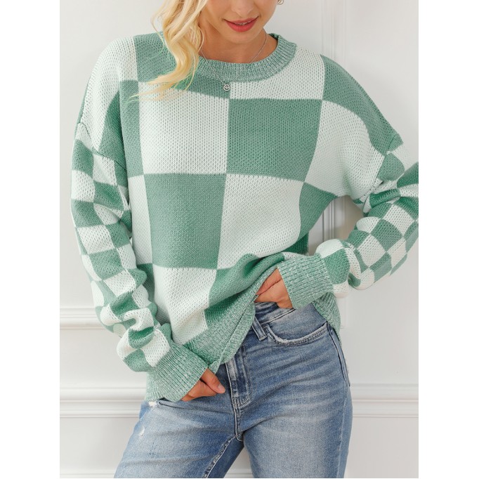 Mint Green Checkered Print Drop Shoulder Sweater