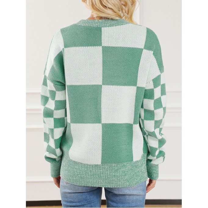 Mint Green Checkered Print Drop Shoulder Sweater