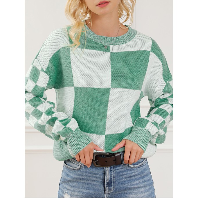 Mint Green Checkered Print Drop Shoulder Sweater