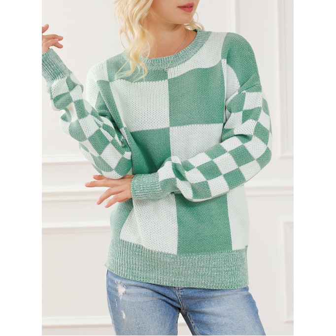 Mint Green Checkered Print Drop Shoulder Sweater